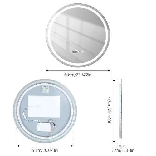 24" Round LED Bathroom Mirror with Anti-Fog & Touch Switch - 60x60cm Wall-Mounted Makeup Vanity Mirror, No Drilling Required, Smart Display Bathroom Mirror - size: 24"L x 24"W