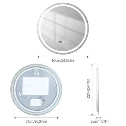 24" Round LED Bathroom Mirror with Anti-Fog & Touch Switch - 60x60cm Wall-Mounted Makeup Vanity Mirror, No Drilling Required, Smart Display Bathroom Mirror - size: 24"L x 24"W