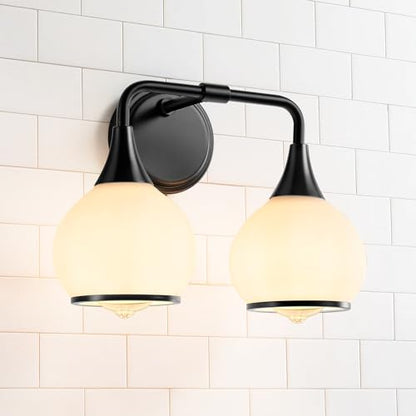 Black Bathroom Light Fixtures 2 Lights Vanity Lights with Milky White Frosted Glass Shade Bathroom Vanity Light 14 inch Wall Sconce Lighting Bath(Exclude E26 Bulb) - color: Black, size: 2 Light