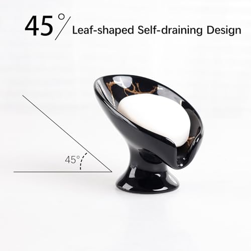 Soap Dish, Ceramic Soap Holder Self Draining Leaf Shape Bar Soap Holder, Marble Look Black Drain Soap Dish Holder for Bathroom, Easy to Clean Keeps Soap Dry, ANTIS'S HOME - color: 1pcs-black