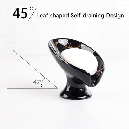Soap Dish, Ceramic Soap Holder Self Draining Leaf Shape Bar Soap Holder, Marble Look Black Drain Soap Dish Holder for Bathroom, Easy to Clean Keeps Soap Dry, ANTIS'S HOME - color: 1pcs-black