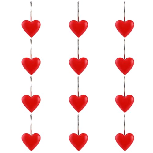Twofish Home Red Heart Shower Curtain Hooks Anti Rust Shower Curtain Hooks Decorative Resin Red Heart Shower Curtain Rings Set of 12 - color: Red Heart