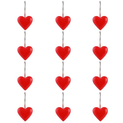Twofish Home Red Heart Shower Curtain Hooks Anti Rust Shower Curtain Hooks Decorative Resin Red Heart Shower Curtain Rings Set of 12 - color: Red Heart