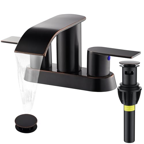 Waterfall Bathroom Sink Faucet 4 Inch Faucet 2 Handle Lead-Free Oil Rubbed Bronze, Bathroom Faucets with Pop Up Drain, 2 or 3 Holes Bathrooms Basin Lavatory Mixer Tap with Deck Mount Plate - color: Oil Rubbed Bronze, size: 4 Inch