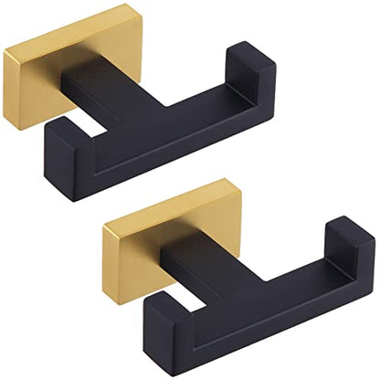 Angle Simple Double Towel Hook Black and Gold, Bathroom Robe Holder, 2 Pack | Stainless Steel Coat Hook, Hand Towel Holder Screw Wall Mount - color: Black & Gold, size: 2 Pack
