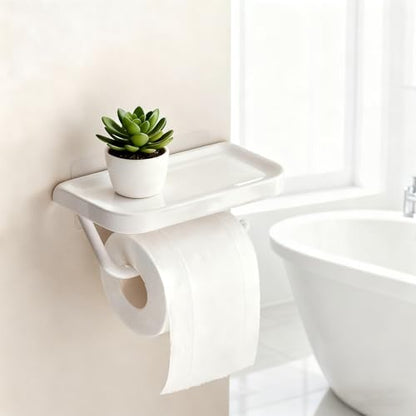 Self Adhesive Toilet Paper Holder with Shelf, No Drill Wall Mounted Bathroom Tissue Holder, Sticky TP Roll Holder with Phone Shelf for RV, White
