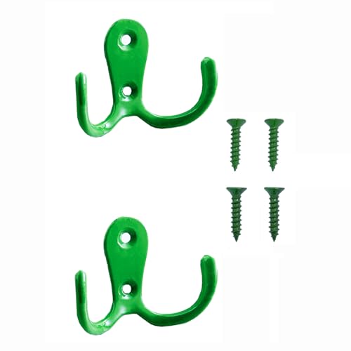 2 Pcs Double Prong Robe Hooks, Dual Coat Hooks Wall Mounted Hanging Clothes for Bathroom Bedroom Door Wall Retro Metal Cloth Hanger Double Coat Hooks with 4 Screws (Green) - color: Green