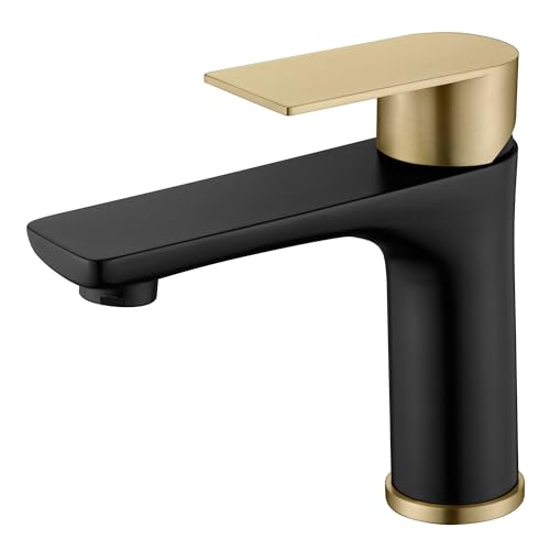 SUMERAIN Modern 304 Stainless Steel Bathroom Faucet Lead-Free Vanity Sink Faucet Black&Gold Single Handle Washbasin Faucet | Lead-Free, Single Handle, Unique Flow Pattern, Water-saving, Easy DIY Install - color: Black and Gold