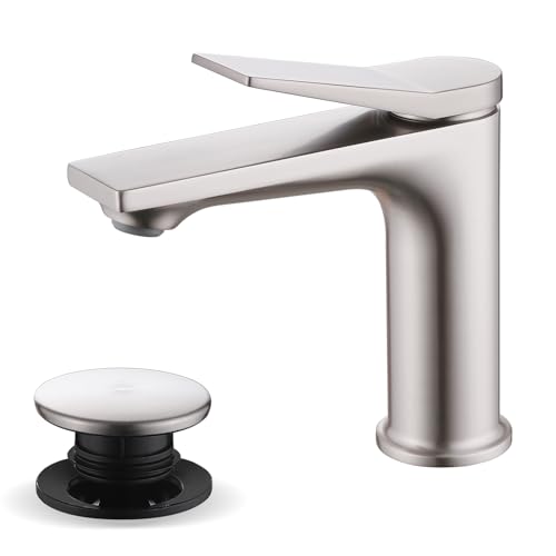 Rbrohant Single Hole Bathroom Faucet, Brushed Nickel Single Handle Bathroom Sink Faucets for 1 Hole, Bathroom Vanity Faucet with Pop up Drain, Deck Mount, R2001-BN - color: Brushed Nickel, style: No Escutcheon