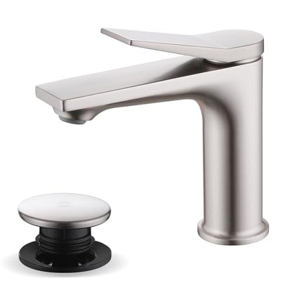 Rbrohant Single Hole Bathroom Faucet, Brushed Nickel Single Handle Bathroom Sink Faucets for 1 Hole, Bathroom Vanity Faucet with Pop up Drain, Deck Mount, R2001-BN - color: Brushed Nickel, style: No Escutcheon