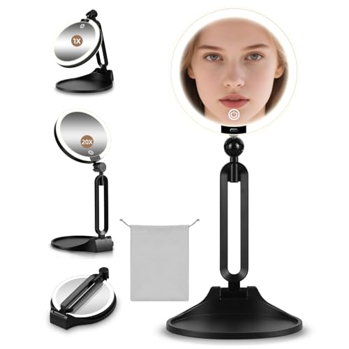 20X/1X Makeup Magnifying Mirror with Lights, 6inch Double-Sided LED Mirror | 1X/20X Makeup Magnified Mirror, Desktop 20X Magnification Rechargeable 3 Color Dimmable Light, 360° Adjustable Rotation Angle - color: [20x]black