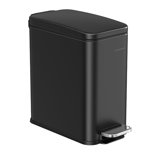 SONGMICS Bathroom Trash Can, 1.3 Gallon (5 L) Small Trash Bin with Lid, Slim for Small Spaces, Stainless Steel Garbage Can, Soft Close, Black ULTB560B05 - color: Black, style: 1.3 Gal.
