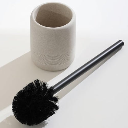 Toilet Brush and Holder Set, 2 PCS,Simple Sandstone Look,Beige | Decorative Toilet Bowl Brush and Holder Set,Heavy-Weight Resin Base with Long Handle Scrubber Brush,Bathroom Aceessories