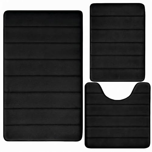 Bathroom Rugs Set 3 Piece, Memory Foam Bath Rugs, Non Slip Washable Bathroom Rug Set, Extra Soft Absorbent Bath Mats with U-Shaped Toilet Rug, Black - color: Black