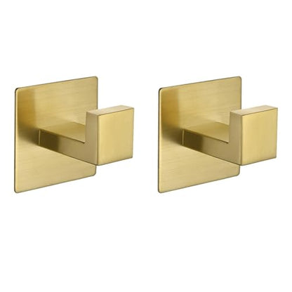 Flybath 2PCS Towel Hooks Self Adhesive SUS 304 Stainless Steel Brushed Gold | Square, No Drill, Strong Hold, Rustproof, Wall Mount, Stylish Coat Robe Shower Hook For Hanging, Kitchen Bathroom Accessories - color: Brushed Gold