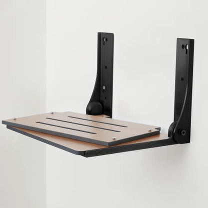 Seachrome Silhouette Folding Wall Mount Shower Bench Seat, Rustic Teak Seat with Matte Black Frame (SHAF-185155-PRTS-S-MB) - color: Rustic Teak Seat With Matte Black Frame