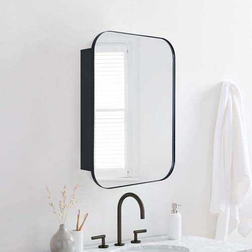 TEHOME Black Rectangle Bathroom Medicine Cabinet with Mirror Matt Black Recessed and Surface Mount Stainless Steel Metal Framed Rounded Rectangular Bathroom Cabinet with Mirror 22x30'' - size: 22 x 30''