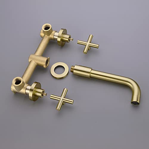 TRUSTMI Brushed Gold Bathroom Faucet Cross Handle Wall Mount Rough-in Valve | Premium Brass Construction, 360° Swivel Spout, Concealed Valve Included, fits Vessel Sinks, 2 Handle - color: Brushed Gold