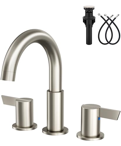 Brushed Nickel Bathroom Faucet 3 Hole, 8 Inch Widespread 2-Handle | SUS304 Stainless Steel, 2-Handle Control, Pop-Up Drain, Supply Lines and Mounting Hardware for 8-Inch Widespread Vanity Sinks - color: Brushed Nickel