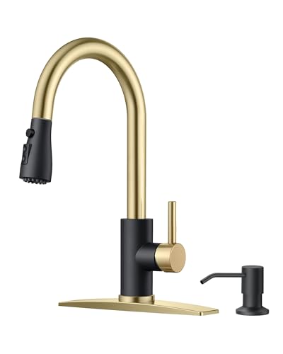 FORIOUS Kitchen Faucet with Soap Dispenser, Stainless Steel, Brushed Gold | Pull Down Sprayer, High Arc Single Handle, Classic 3 Modes Bar Sink Faucet with Deck Plate, Suitable for Rv Laundry Camper - color: Black&Gold, style: Classic