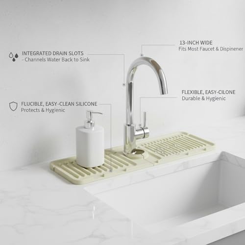 Silicone Faucet Splash Guard Mat, 13 x 3.35 Inches | Kitchen & Bathroom Sinks, Flexible Water Drainage Tray, With Slots - color: Beige