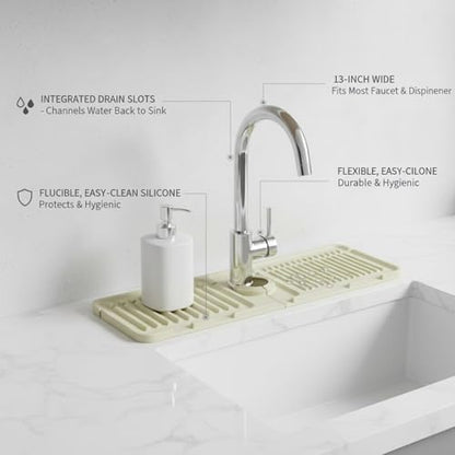 Silicone Faucet Splash Guard Mat, 13 x 3.35 Inches | Kitchen & Bathroom Sinks, Flexible Water Drainage Tray, With Slots - color: Beige