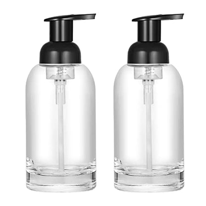 CHBJDAN 2 Pack Thick Clear Glass Jar Soap Dispenser with Foaming Pump, 13 Ounce Clear Round Bottles Dispenser with Foaming Pump (Black, 13oz) | 13 Ounce Clear Round Bottles Dispenser with Foaming Pump, Foam Soap Dispenser