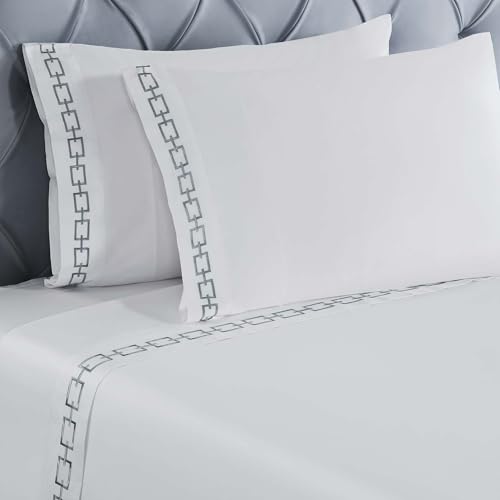 Superior Embroidered Cotton Bed Sheet Set, 1 Elastic Deep Pocket Fitted Sheet, 1 Flat Sheet, 2 Pillowcases, Daily Soft Sheets, Luxury, Unique Design, Chain Links Collection, Queen, White-Silver - color: White-silver, size: Queen