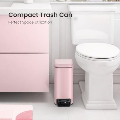 Cesun Small Bathroom Trash Can with Lid, 1.6 Gal, Soft Close, Pink | Step pedal soft close, Slim 5.9in fits narrow spaces, Stainless steel, Anti-fingerprint, Removable inner bucket, Odor seal - color: Pink
