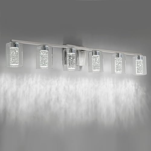 SineRise 6-Light Brushed Nickel Vanity Light with 3 Color Modes (3000K/4000K/6000K), Eye Protection LED Bathroom Light Fixture, Dimmable Modern Wall Light Over Mirror with Clear Glass Shade - color: Brushed Nickel, size: 6-light