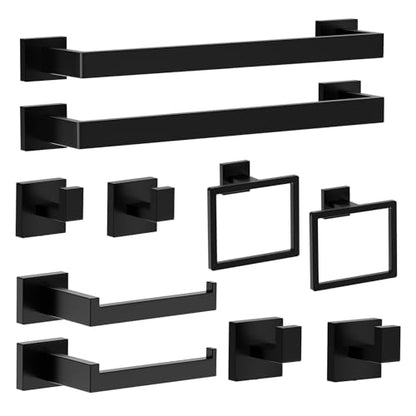 10-Piece Matte Black Bathroom Hardware Set with 16'' Towel Bar, Wall Mounted Bathroom Accessories Kit with 16" Towel Bar ×2, Toilet Paper Holders×2, Towel Rings×2, Robe Hooks×4 - color: Matte Black-16inch