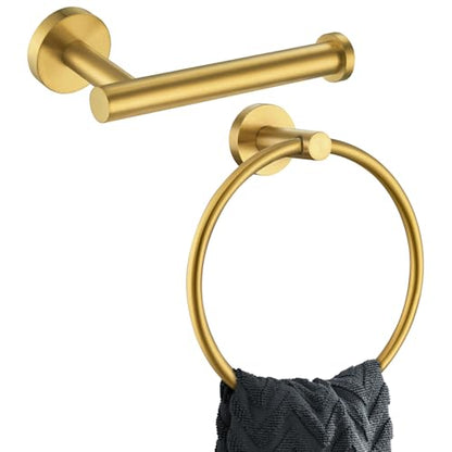 Brushed Gold Bathroom Accessories Set, 2-Piece, 304 Stainless Steel | Practical Bathroom Hardware Set for Bathroom Restroom Sink, Rotatable Towel Ring, Open-arm Toilet Paper Holder, Wall Mounted - color: Brushed Gold Round Shape