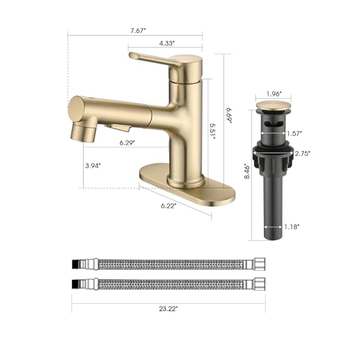 Bathroom Sink Faucet with Pull Out Sprayer, Single Handle Modern Bathroom Basin Faucet with Pop-up Sink Drain Stopper & Deck Plate 1 or 4-inch Centerset 3 Hole, Gold - color: Gold