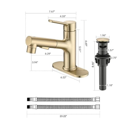 Bathroom Sink Faucet with Pull Out Sprayer, Single Handle Modern Bathroom Basin Faucet with Pop-up Sink Drain Stopper & Deck Plate 1 or 4-inch Centerset 3 Hole, Gold - color: Gold