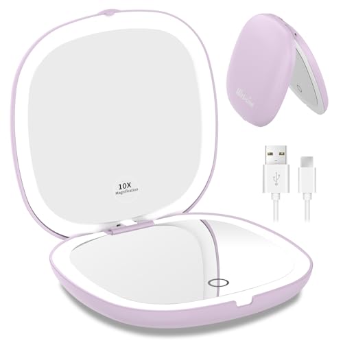 WOBSION 1x/10x Rechargeable Lighted Travel Makeup Mirror | Compact Magnifying Mirror with Lights, Portable for Bag, 4inch, Gift, Purple - color: Purple