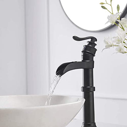 Black Waterfall Bathroom Sink Faucet Single-Handle 1 Hole | Above Counter Bowl Sink,with Pop Up Drain Assembly and Supply Hose,Lead-Free Solid Brass,Vanity Lavatory Mixer Tap - color: Black