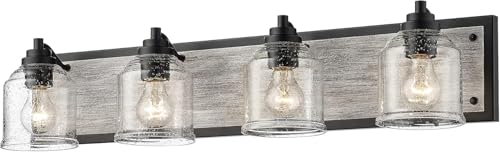32" 4-Light Farmhouse Bathroom Vanity Light with Bubble Glass, Gray | Farmhouse Rustic style, Metal base with hand-painted wood grain, E26 Ceramic Base, UL&ETL Listed, mount up/down, over mirror - color: Gray, size: 4-Light