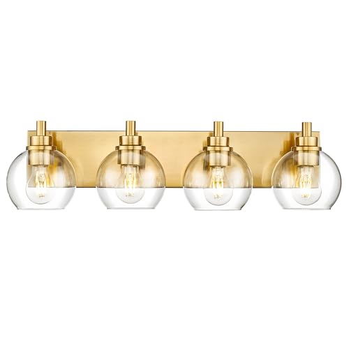 4-Light Brushed Gold Bathroom Vanity Light, Clear Glass Globe Shade | 26" modern bathroom light fixtures over mirror, E26 base, bulbs not included, VL195-BG-CL-4 - color: Brushed Gold, Clear Glass, size: 4-light