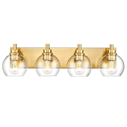 4-Light Brushed Gold Bathroom Vanity Light, Clear Glass Globe Shade | 26" modern bathroom light fixtures over mirror, E26 base, bulbs not included, VL195-BG-CL-4 - color: Brushed Gold, Clear Glass, size: 4-light