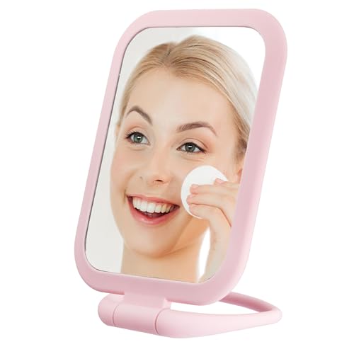 Premium Soft Touch Pink Rectangle Makeup Mirror - 1x/2x Magnification | Rotating Handheld Tabletop & Travel Vanity Mirror. Small Magnifying Desk Mirror for Women - Compact - color: Pink, size: 10"L x 5.8"W