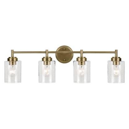 Kichler Winslow 4-Light Farmhouse Vanity Light, Natural Brass | Clear seeded glass vanity light with industrial styling (30" x 9.25" x 6.5"), 45887NBR - color: Natural Brass, size: 30"