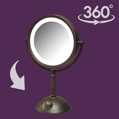 JERDON Lighted Makeup Mirror with 8X Magnification - Bronze - HL8808BZL | Two-Sided 1X View, 8.5" Round Frame, 16" Tall, LED Lighting - color: Bronze