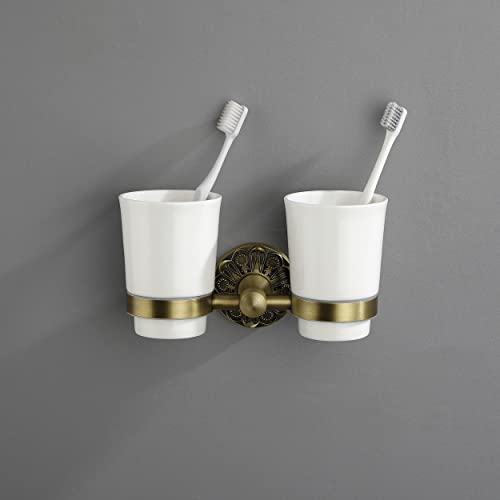 Towel Ring + Double Toothbrush Holder, Brass Bathroom Accessories Set