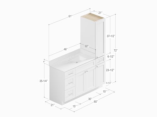 60" Bathroom Vanity with Linen Storage Tower and 4 Drawers, Carrara Quartz Top and Ceramic Sink, Left or Right Tower Option, Solid Wood Frame, 61" x 22" x 72" (White, Right Tall Cabinet) - color: White
