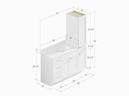 60" Bathroom Vanity with Linen Storage Tower and 4 Drawers, Carrara Quartz Top and Ceramic Sink, Left or Right Tower Option, Solid Wood Frame, 61" x 22" x 72" (White, Right Tall Cabinet) - color: White