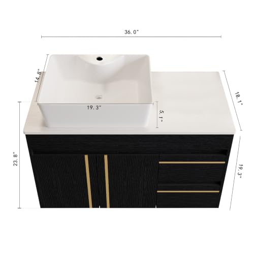 36” Floating Bathroom Vanity with Ceramic Sink, Wall-Mounted Plywood Cabinet with 2 Doors & 2 Drawers, White Left Side Vessel Sink, Soft-Close Storage Vanity, Side White - color: Side White
