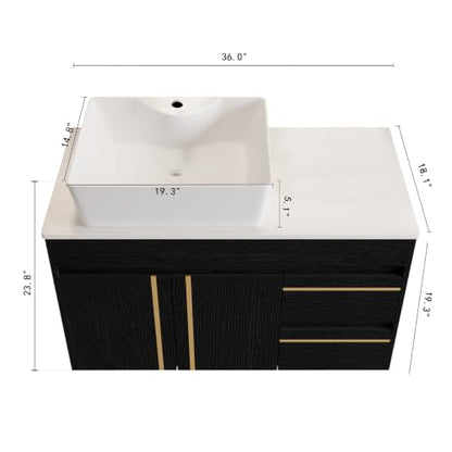 36” Floating Bathroom Vanity with Ceramic Sink, Wall-Mounted Plywood Cabinet with 2 Doors & 2 Drawers, White Left Side Vessel Sink, Soft-Close Storage Vanity, Side White - color: Side White