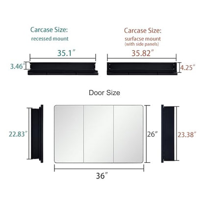 Bathroom Mirror Medicine Cabinet with Round Corner Framed Door 36 x 26 inch, Black，Recessed or Surface Mount, with Adjustable Glass Shelves - size: 36 x 26 inch