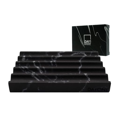 DAYONE Holder with Marble Look - Soap Dish with Soap Saver Ridges Rectangle Bar Soap Holder with Non Slip Feet - Soap Tray for Bathroom, Sink, Kitchen, and SPA (Black) - color: Black