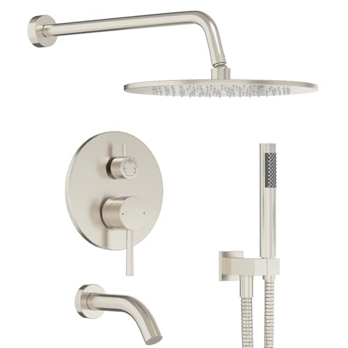 Gabrylly Shower System, 10" Bathtub Shower Faucets Set, Brushed Nickel | All Metal Rain Shower Head with Handheld Spray Combo and Tub Spout, Luxury Bathroom Rainfall Shower Head Set With Valve - color: Nickel